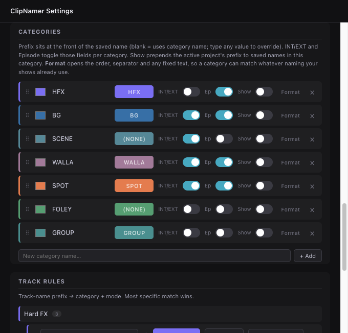 ClipNamer category settings