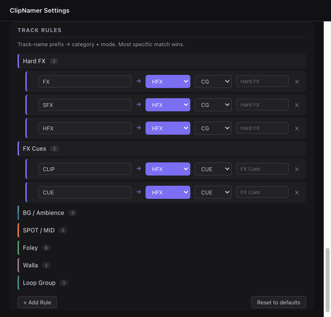 ClipNamer track rules