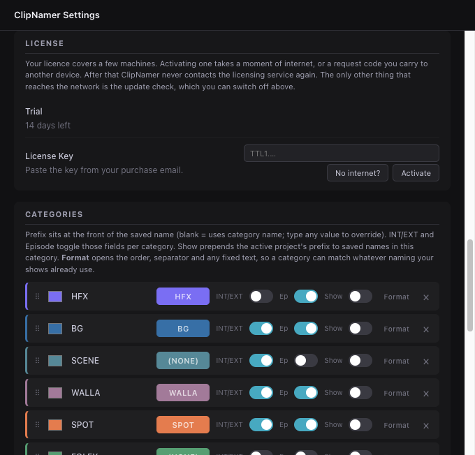 Settings — License